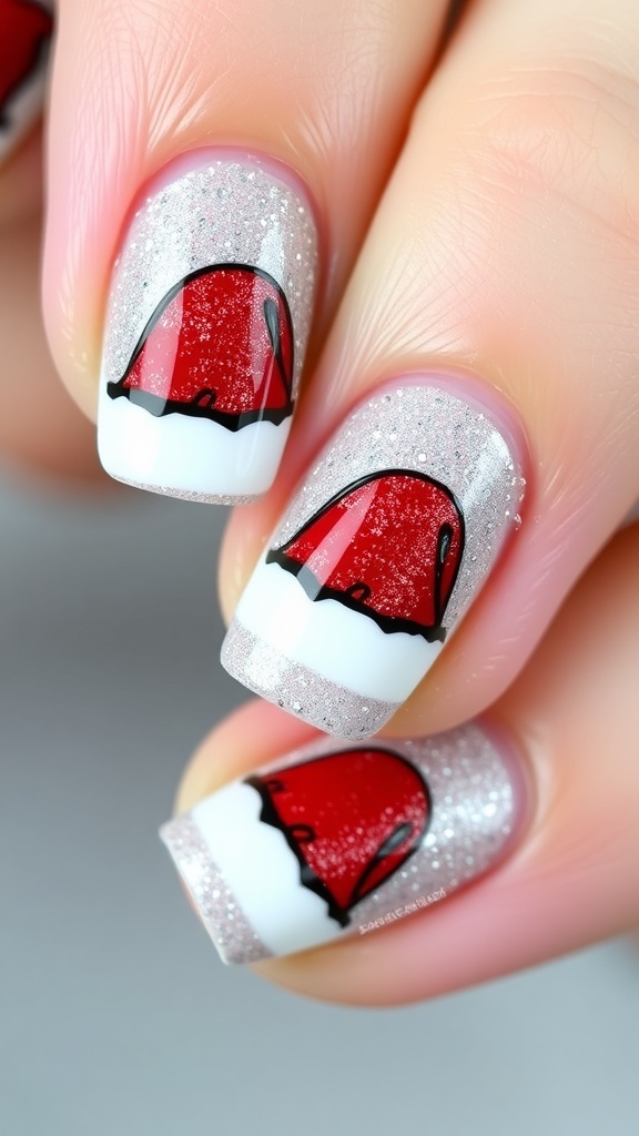 Close-up of classy Christmas nails with Santa hat design on a glittery background.